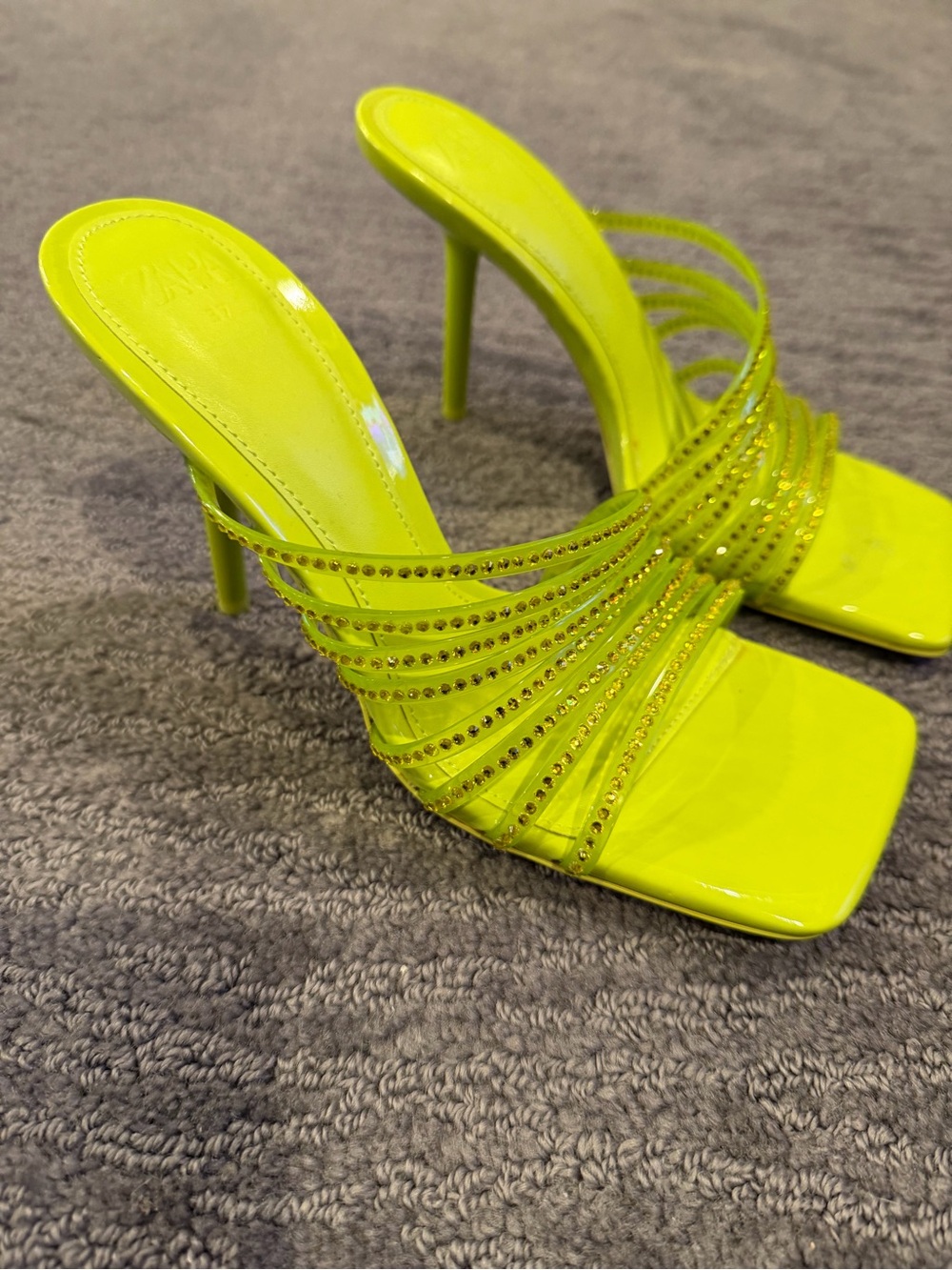 Zara Neon Yellow Rhinestone Strappy High Heel Sandals